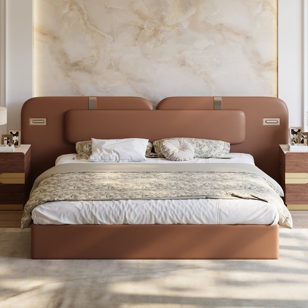 Halune Queen Faux Leather LED Platform Bed window image
