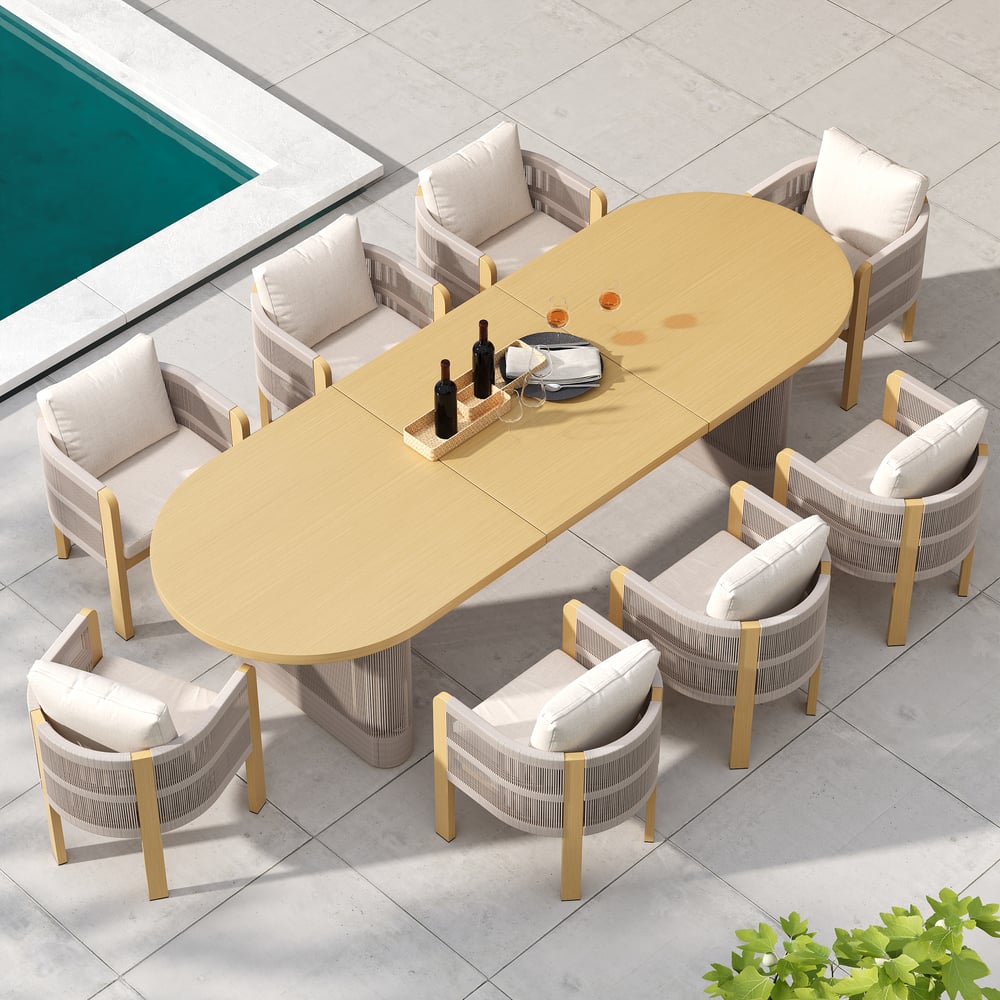 Costra 9-Piece Outdoor Aluminum & Rope Extendable Dining Set with 8 Chairs window image