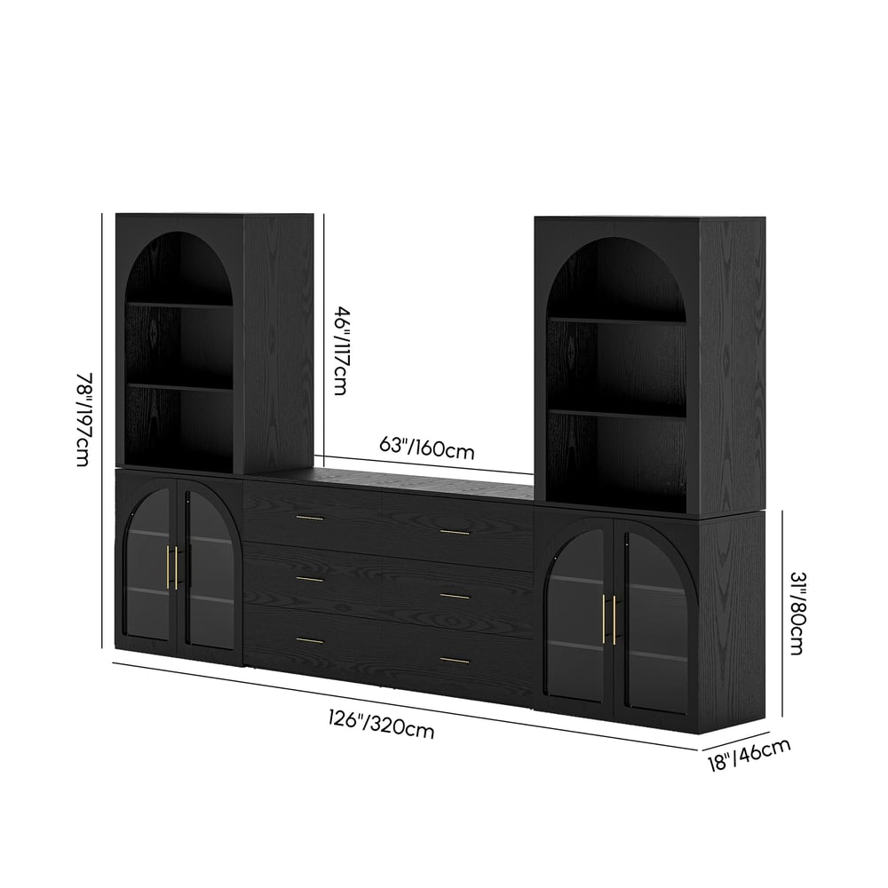 Arune 126"  Arched Glass Door 3-Piece Entertainment Center with Bookshelf weights dimensions image