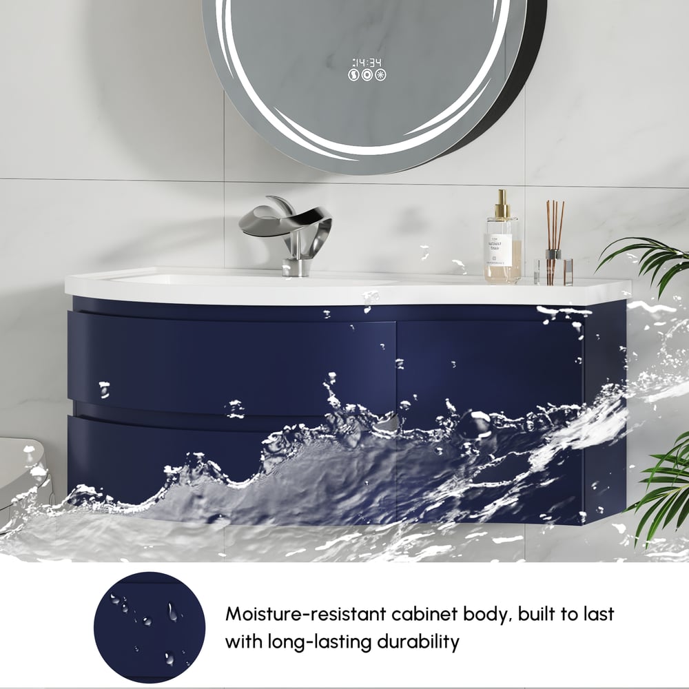 35" Navy Floating Single Curved Bathroom Vanity with Sink & Storage window image