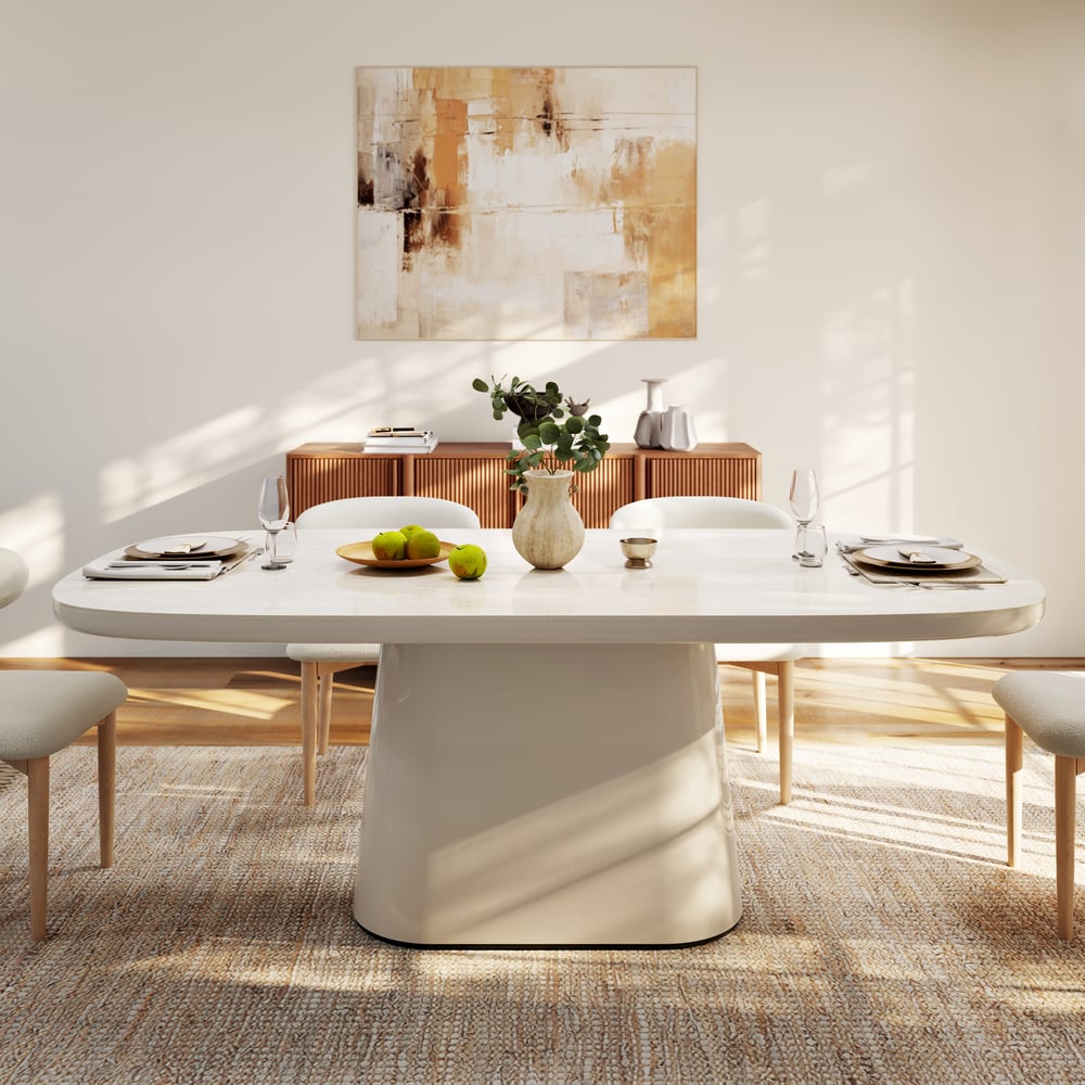 Modern 79" Oval Faux Travertine Sintered Stone Dining Table, Seats 6 window image