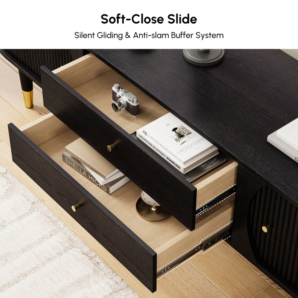 80" Ash Wood Fluted Black TV Stand with Storage window image