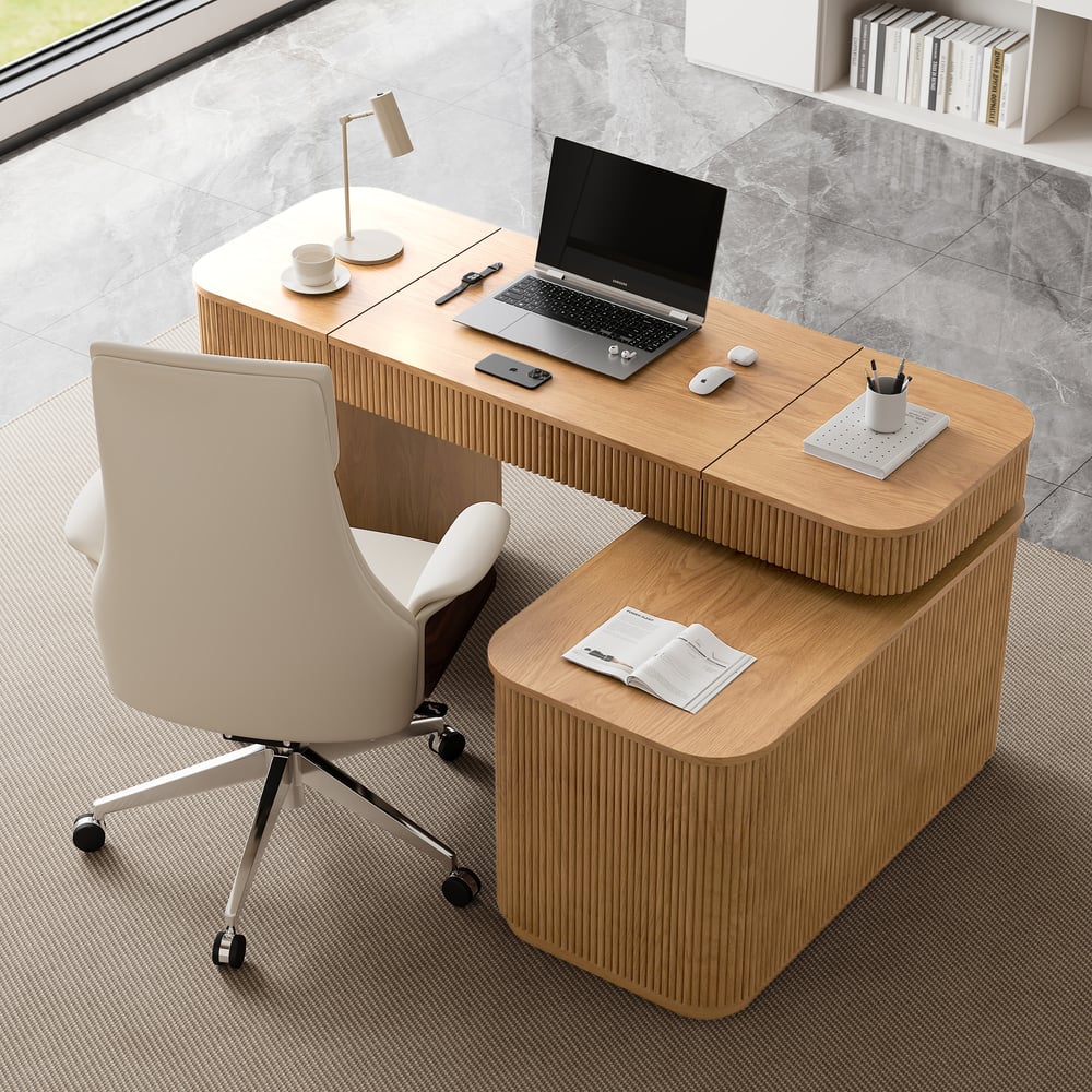 Velign 65" L-Shape Natural Executive Desk with Right-Side Cabinet window image