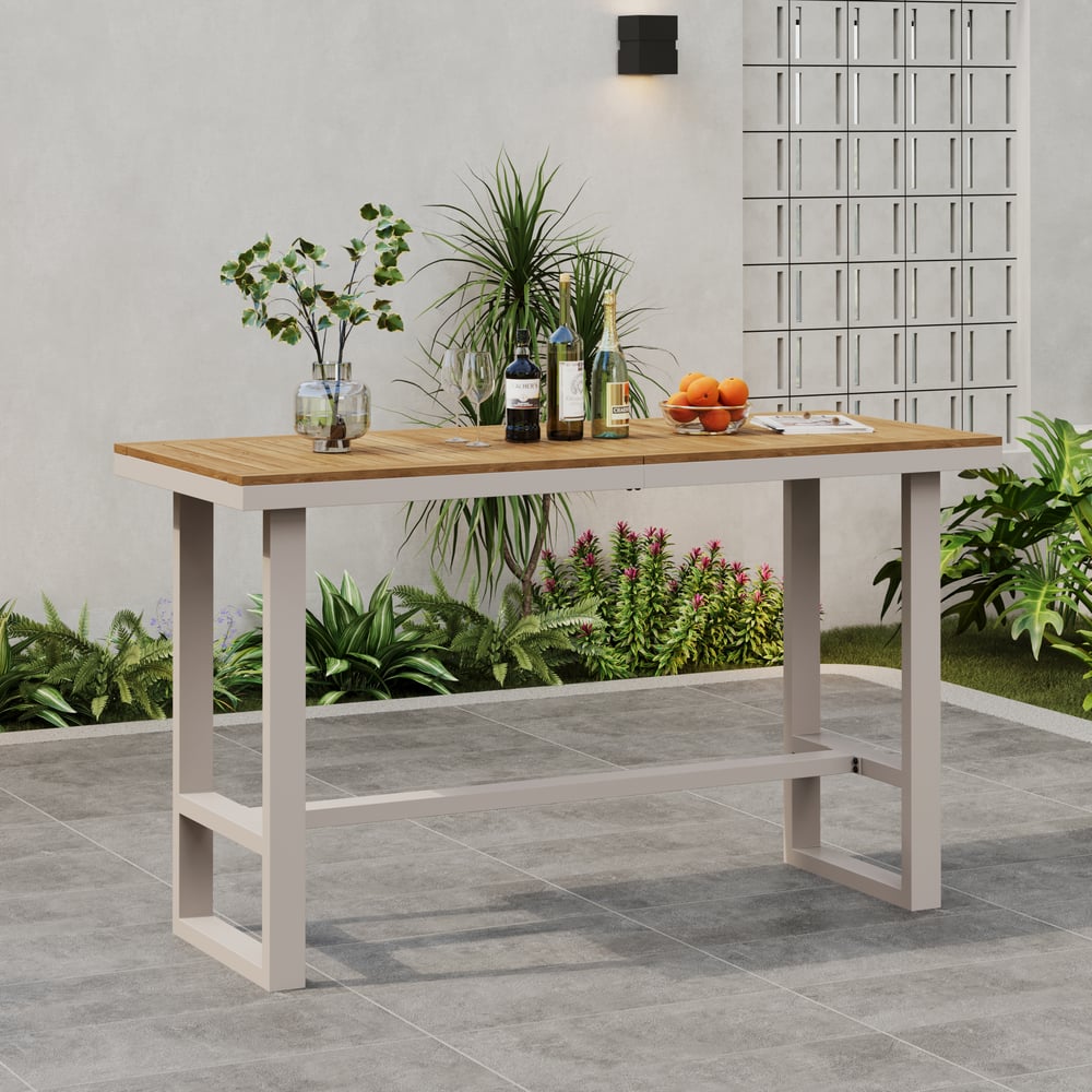 Tevara Outdoor Teak Wood Slat Top & Sand Aluminum Frame Bar Table for Patio window image