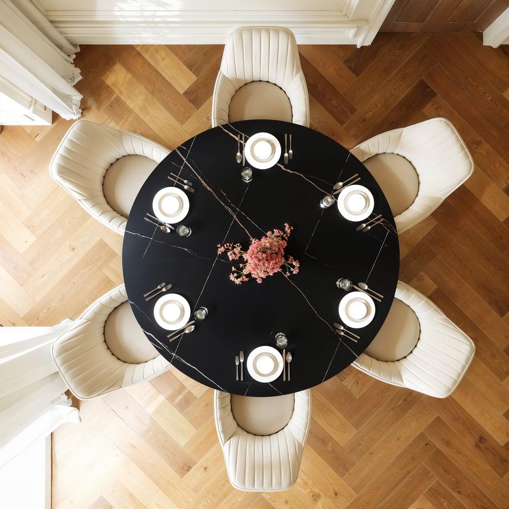152cm Round Matte Sintered Stone Dining Table with Gold Metal Pedestal Base, Seats 6 window image