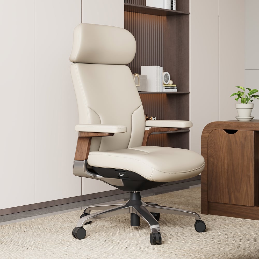 Ivory Genuine Leather Swivel Office Chair with Ergonomic Synchro-Tilt Recline System window image