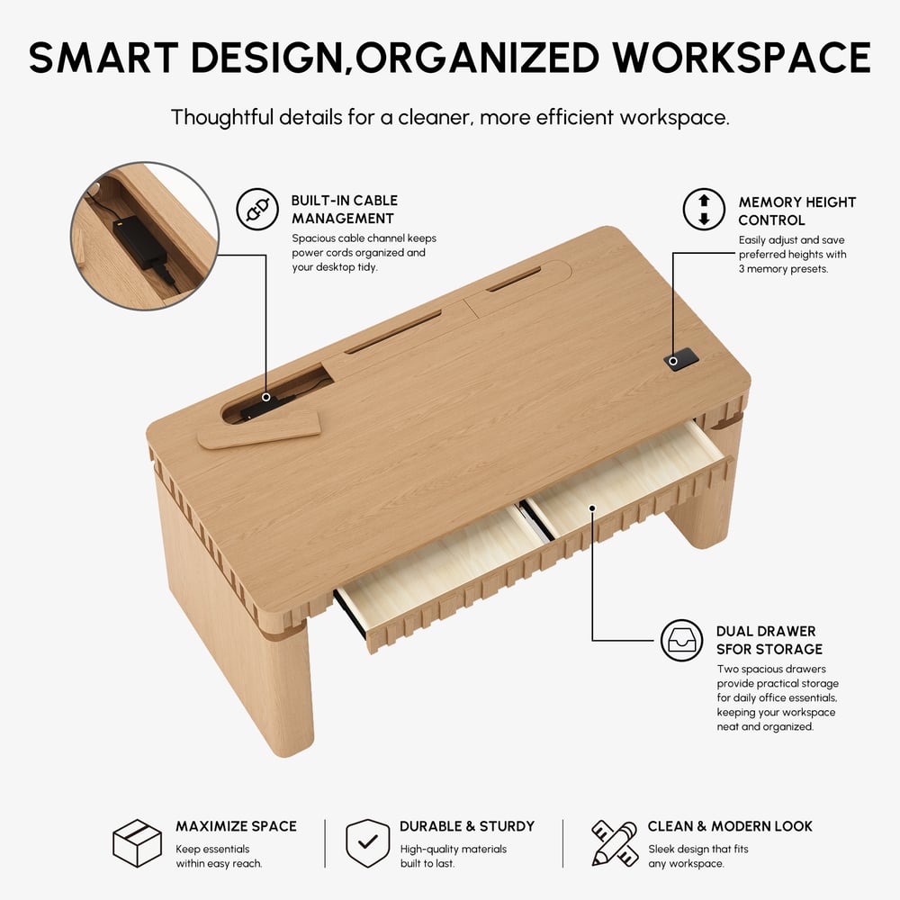 Aura 160 cm Natural Fluted Electric Adjustable Standing Desk window image