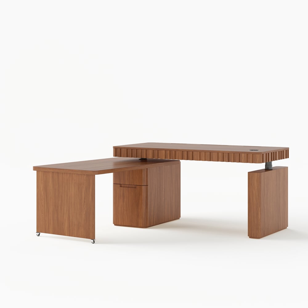 Aura 63" Walnut Flutted 360-Degree Rotating Desk Electric Adjustable Standing Desk window image