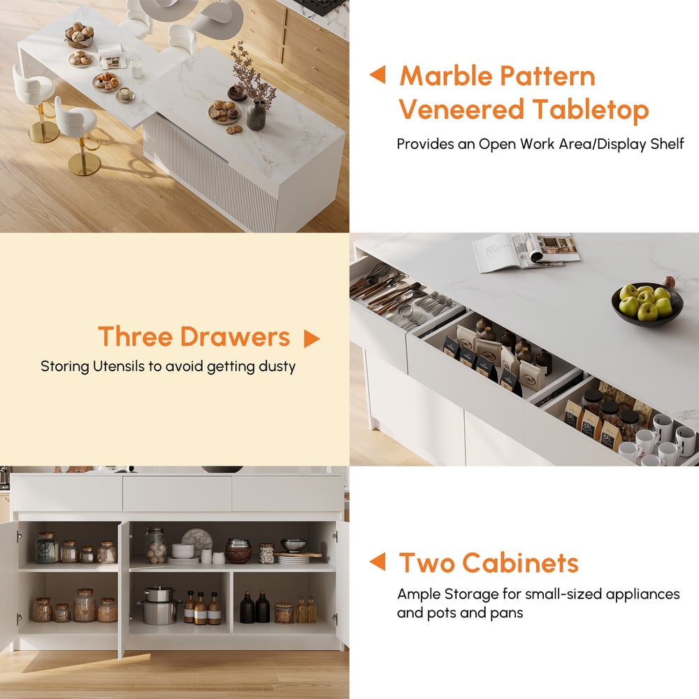 Modern 81"-112" Marble Pattern Kitchen Island with Doors & Drawers, White window image
