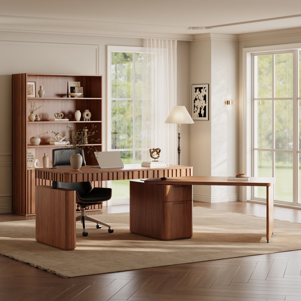 Aura 63" Walnut Flutted 360-Degree Rotating Desk Electric Adjustable Standing Desk window image