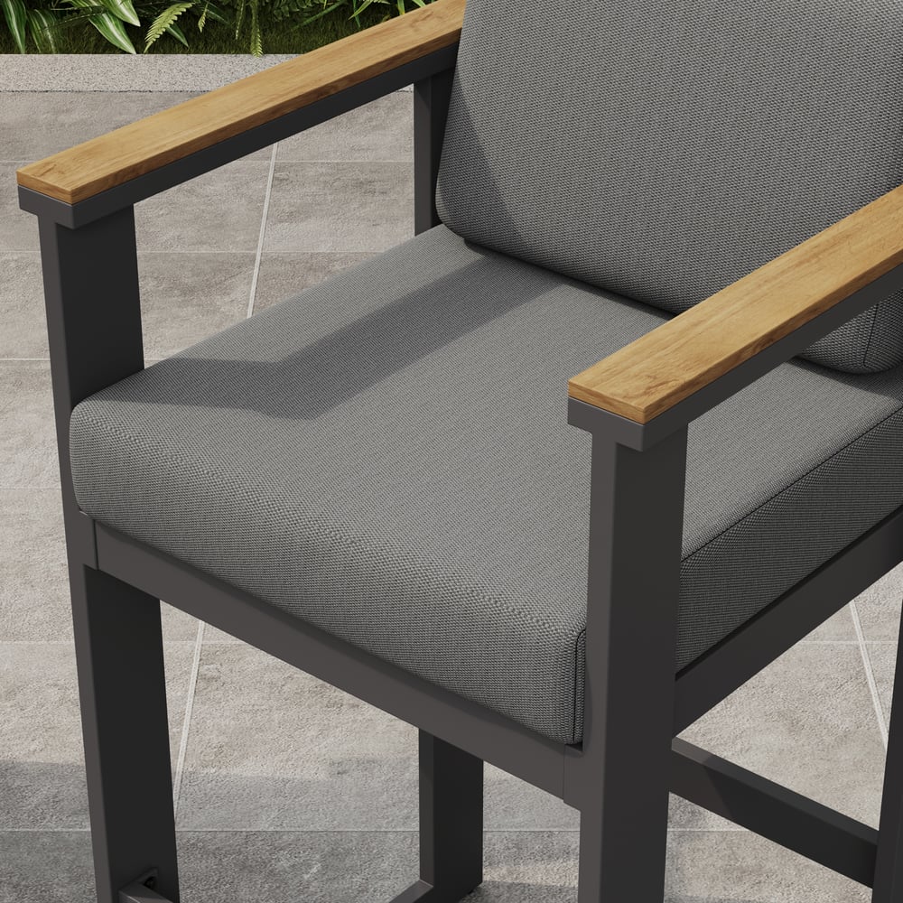 Tevara Outdoor Aluminum Frame & Teak Wood Armrest Bar Stools in Dark Gray, Set of 2 window image