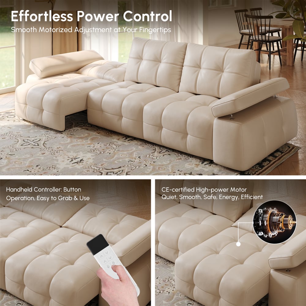 130" 3-Seater Genuine Leather Power Convertible Sleeper Sofa with Adjustable Armrests window image