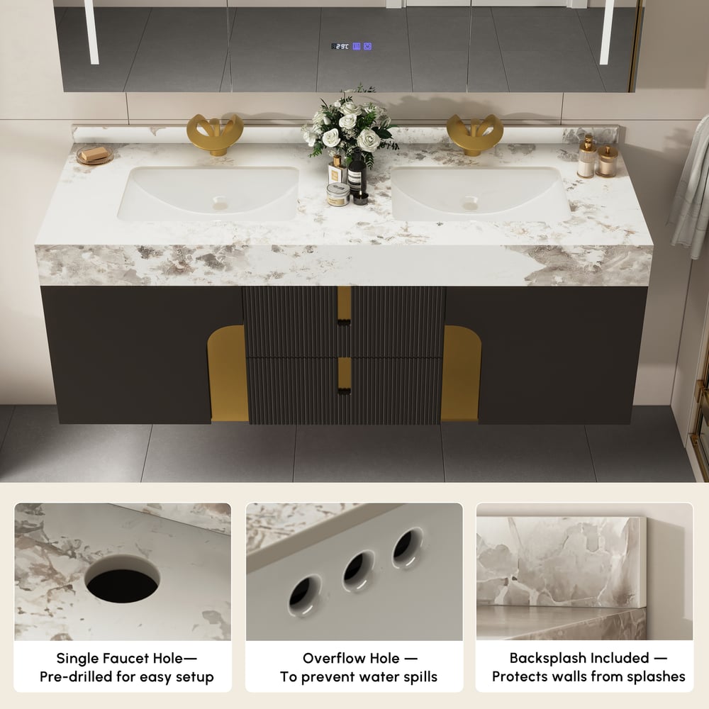 Mueble de baño Artis de 152cm de doble lavabo flotante con encimera de piedra sinterizada Imagen de ventana