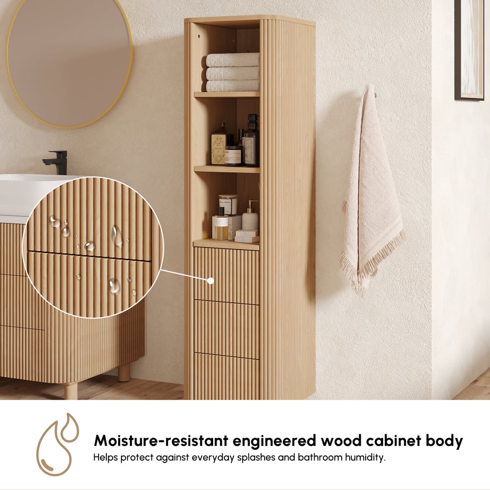 Fluted 58" Bathroom Linen Cabinet with 3 Drawers and Open Shelves window image