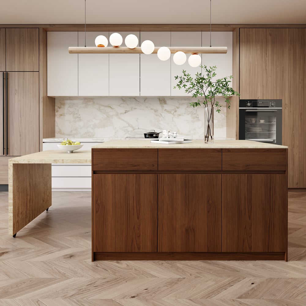 Îlot de cuisine en bois extensible de 81'' à 112'' avec rangement, Noyer image de fenêtre