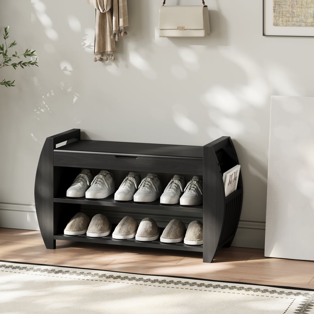 Banc d'entrée de rangement de chaussures noir en bois massif de 81 cm avec étagère à chaussures image de fenêtre