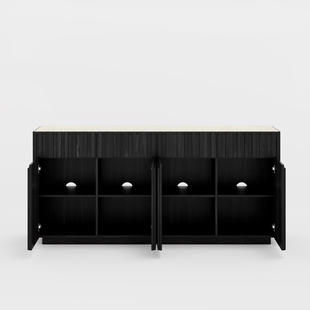 Aura 65" Ash Wood Slatted Black TV Stand with Sintered Stone Top window image
