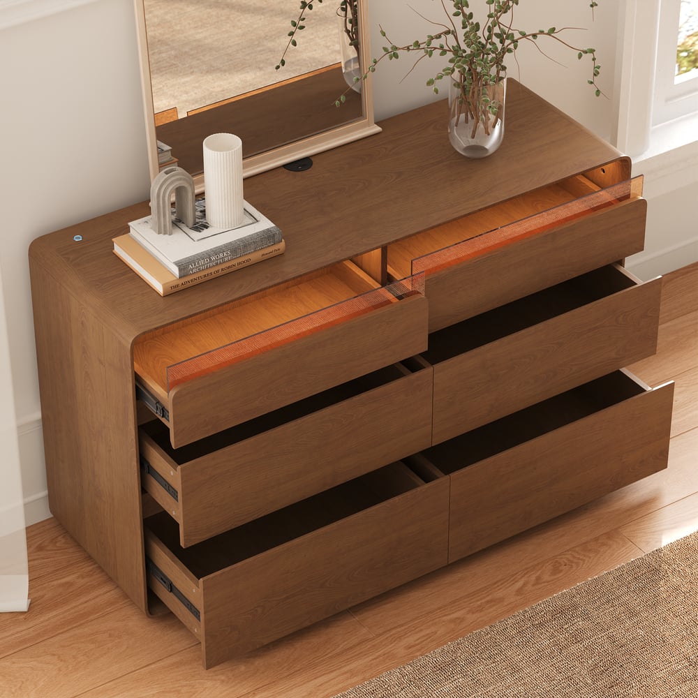 Meloa 47" Wooden Walnut 6-Drawer Dresser with Light and Charging Station window image