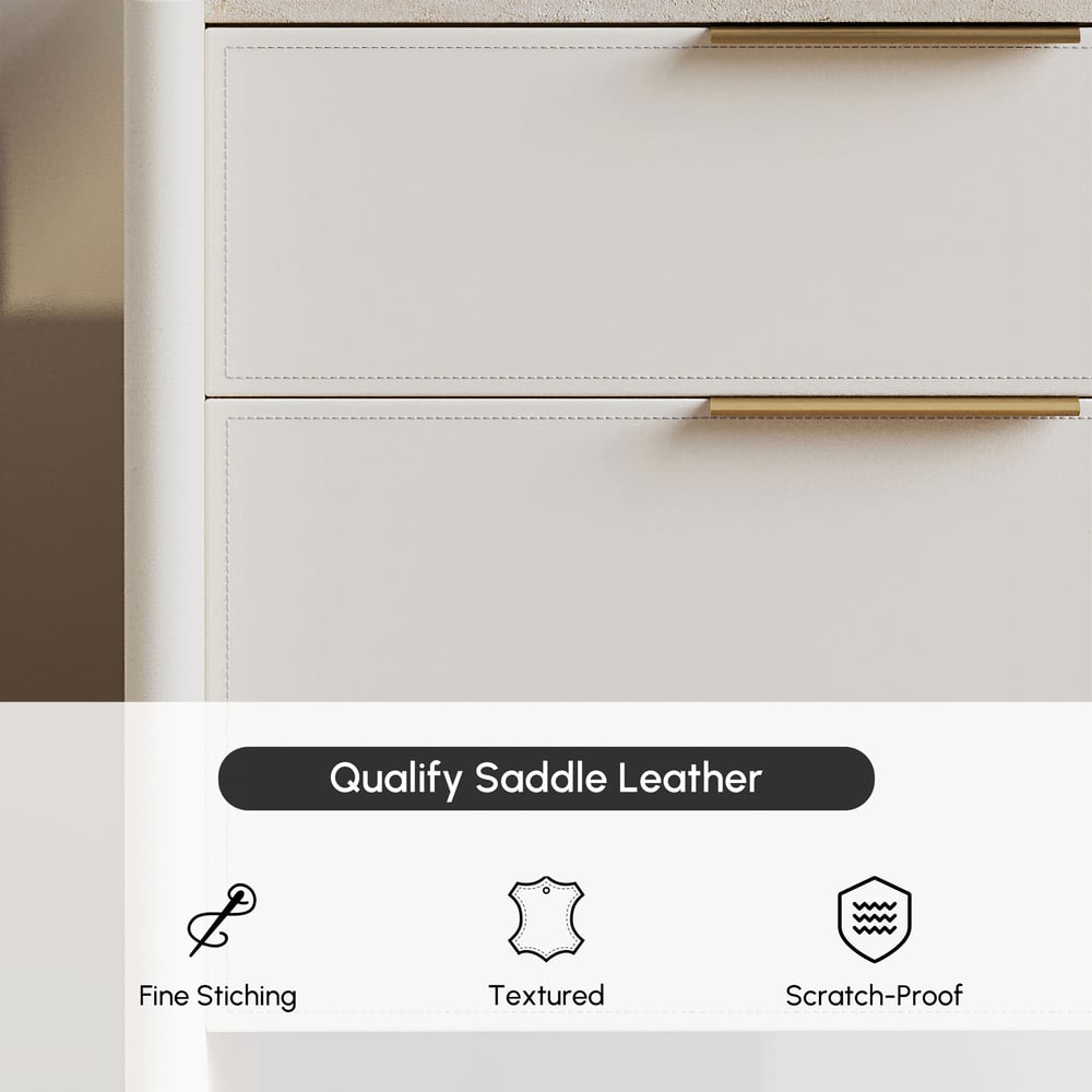 Modern Saddle Leather 2-Drawer Nightstand with Faux Travertine Stone Top window image