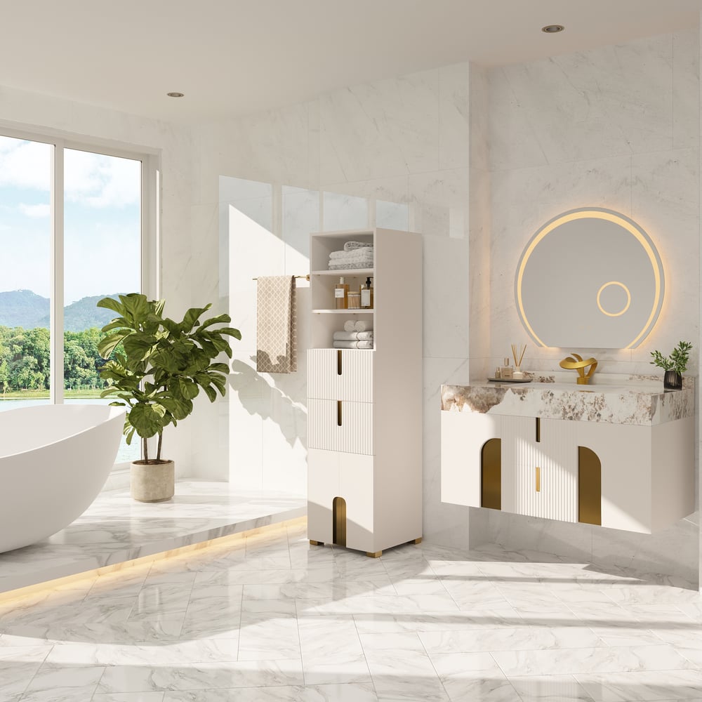 Artis 59" Bathroom Storage Cabinet – Freestanding Linen Tower with 2 Drawers & 2 Doors window image