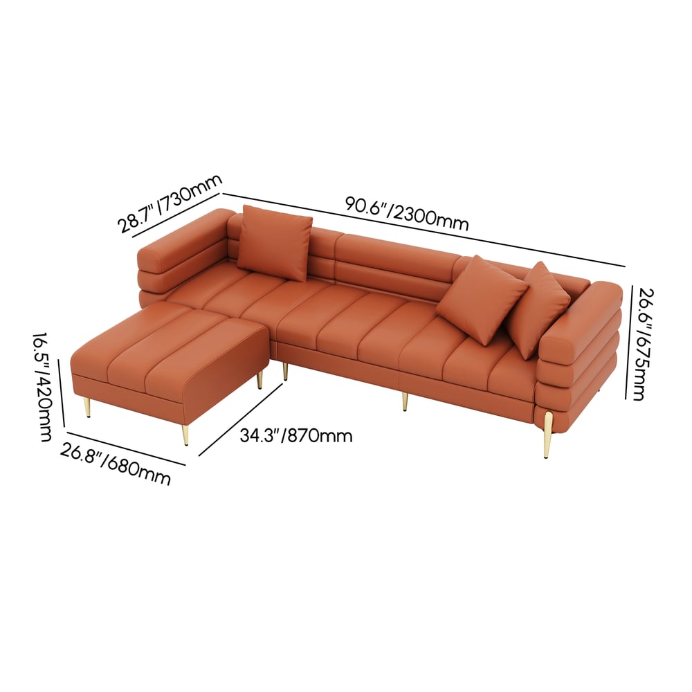 Set divano 3 pezzi Axial con divano chaise longue, pouf e poltrona d'accento Immagine con pesi e dimensioni