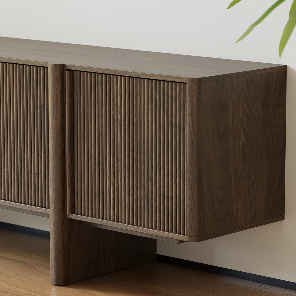 Lineva 80" Solid Wood Fluted Smoked Brown TV Stand with Cabinets window image