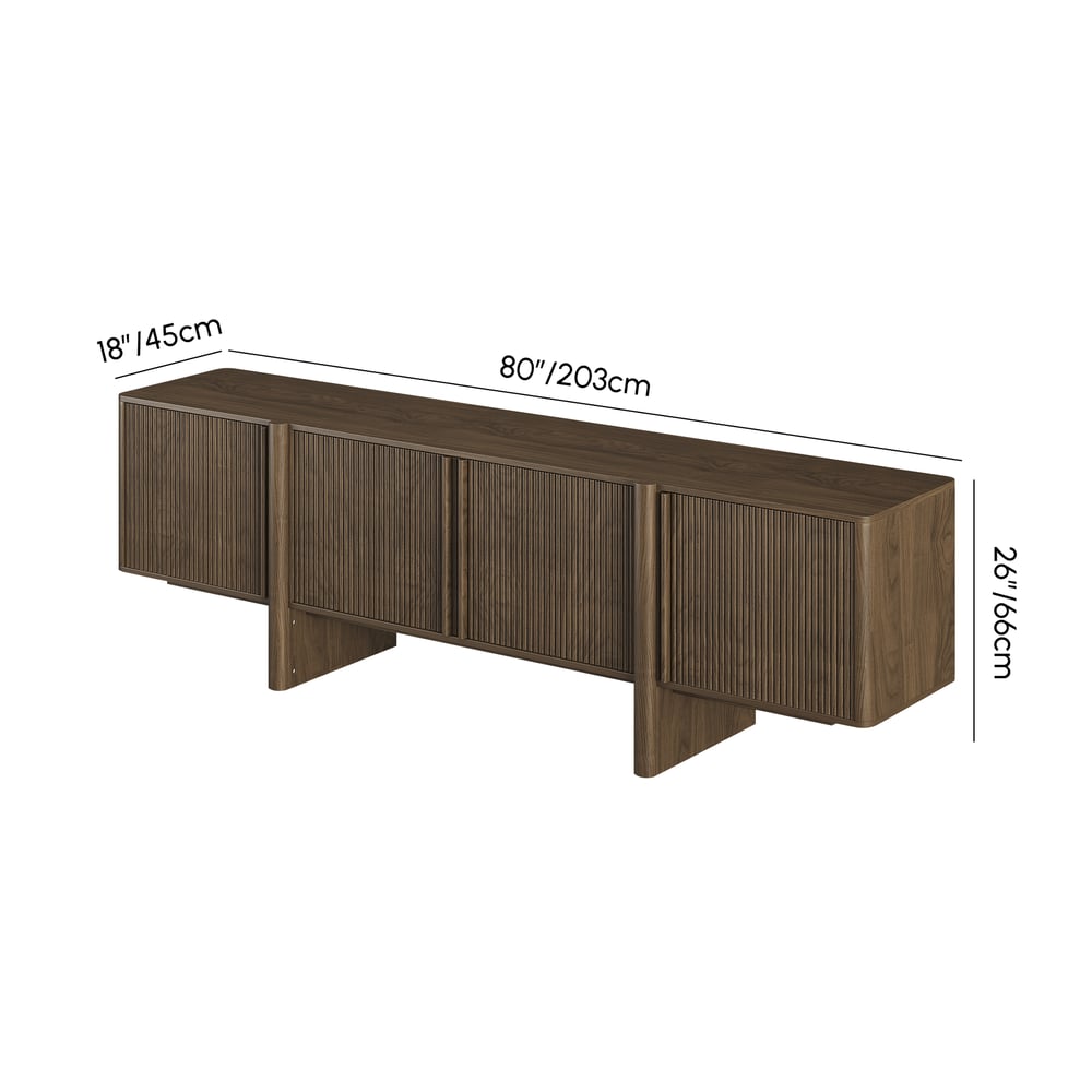 Lineva 80" Solid Wood Fluted Smoked Brown TV Stand with Cabinets weights dimensions image
