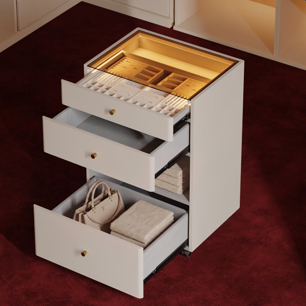 Šatníkový ostrůvek se šperkovnicí s proskleným víkem a osvětlením obrázek okna