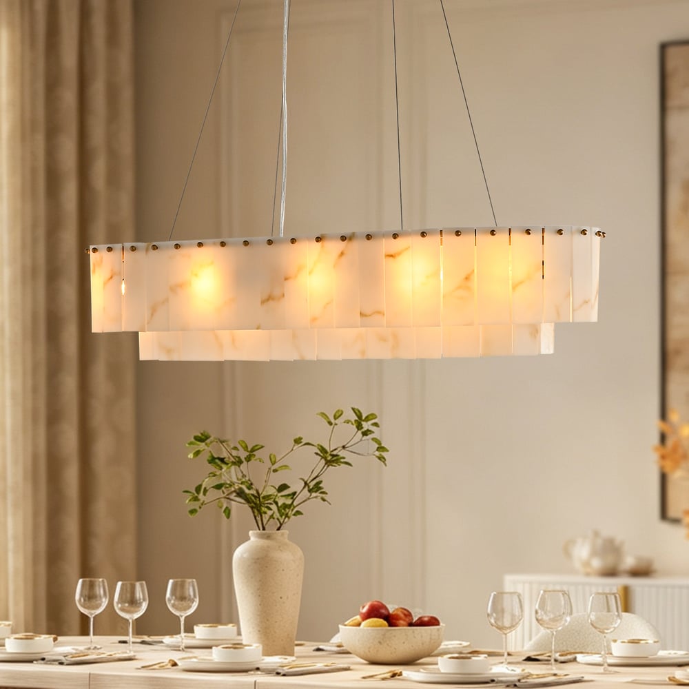 12-Light Linear Chandelier Alabaster-Look 2-Tier Dining Chandelier 40" window image