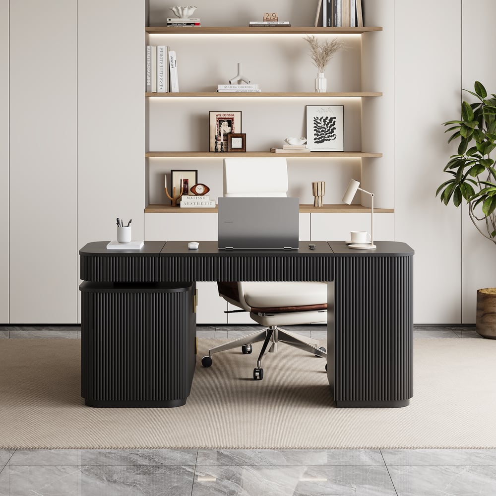 Velign 65" L-Shape Black Executive Desk with Right-Side Cabinet window image