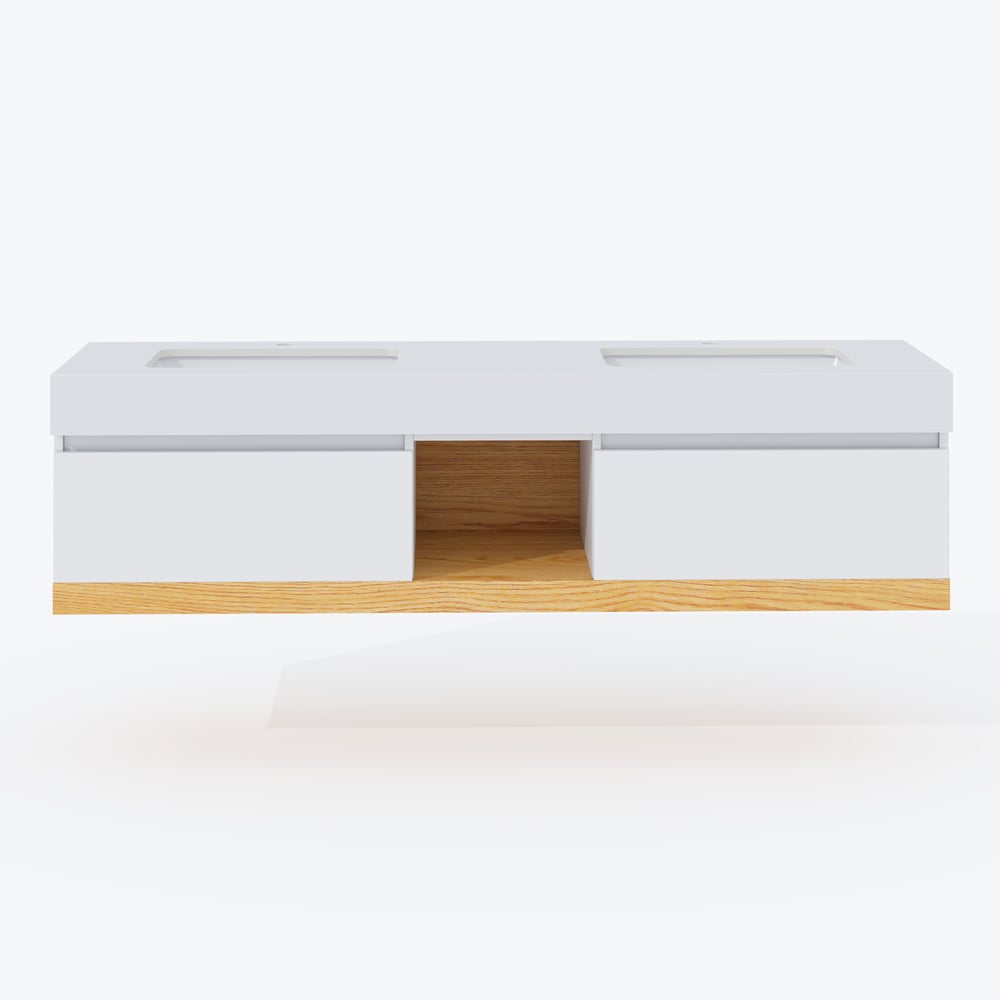 Móvel de casa de banho duplo flutuante de 150 cm com lavatórios de cerâmica, tampo de pedra sinterizada Imagem da janela