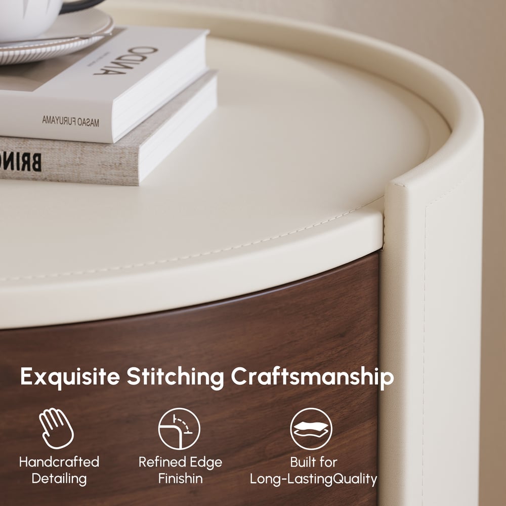 Modern Saddle Leather 2-Drawer Nightstand with Charging Station & Light window image