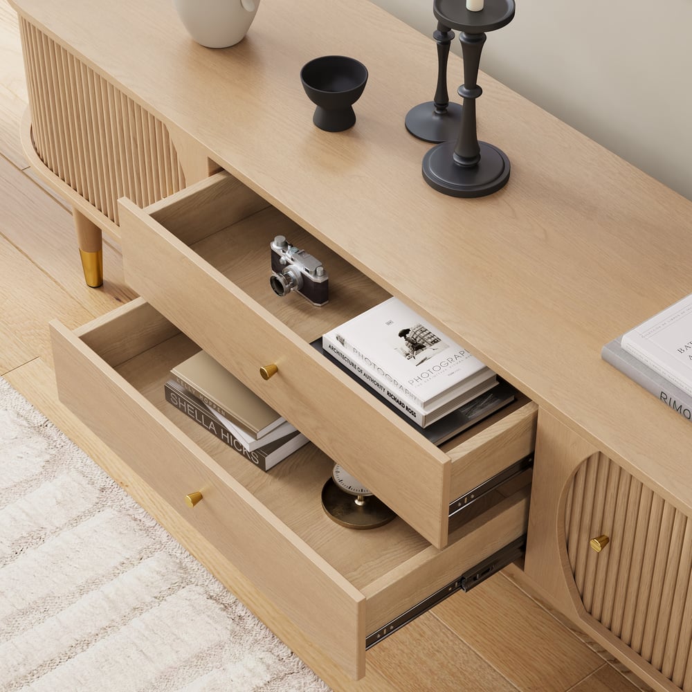 80" Ash Wood Fluted Natural TV Stand with Storage window image