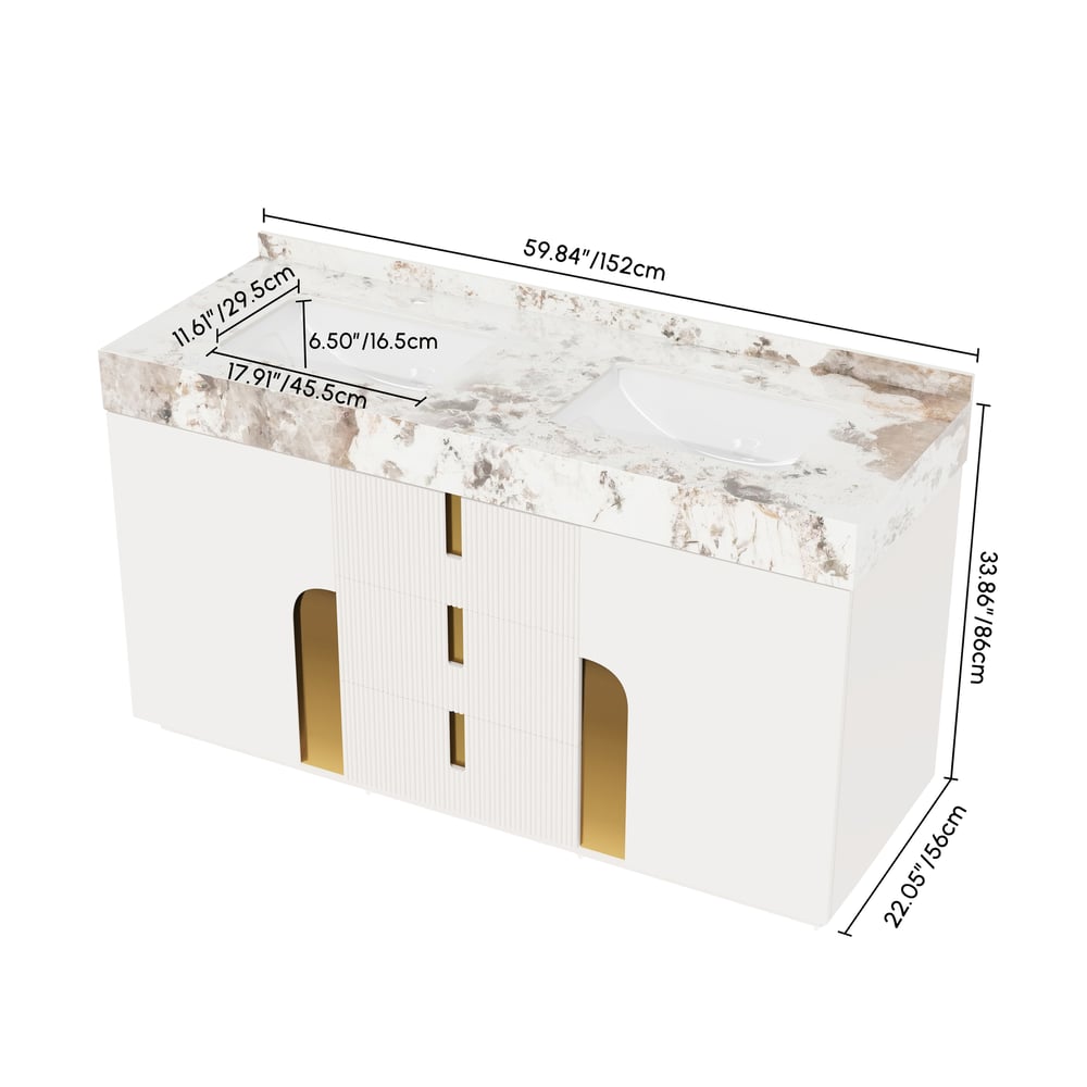 Tocador de baño doble flotante Artis de 60 pulgadas con lavabo, encimera de piedra sinterizada, amplio almacenamiento pesos dimensiones imagen