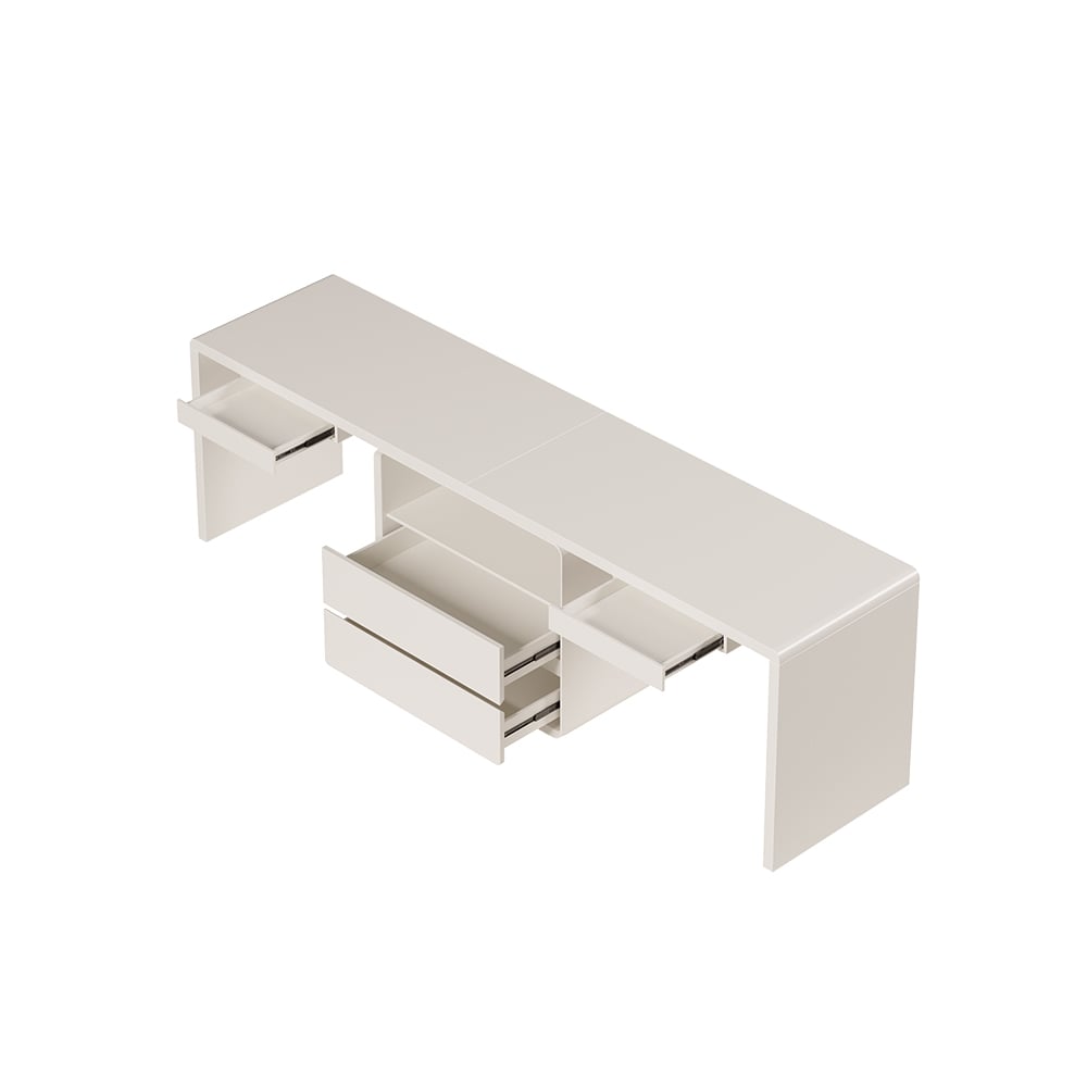 White Double Desk with Drawers & 2 Ivory PU Leather Modern Home Office Chairs window image