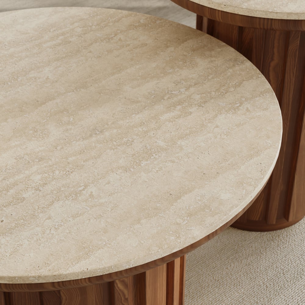 Aura 2 Piece Set Ash Wood Slatted  Round Coffee Table with Sintered Stone Top(20" - 28") window image