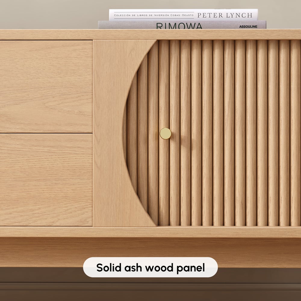 80" Ash Wood Fluted Natural TV Stand with Storage window image