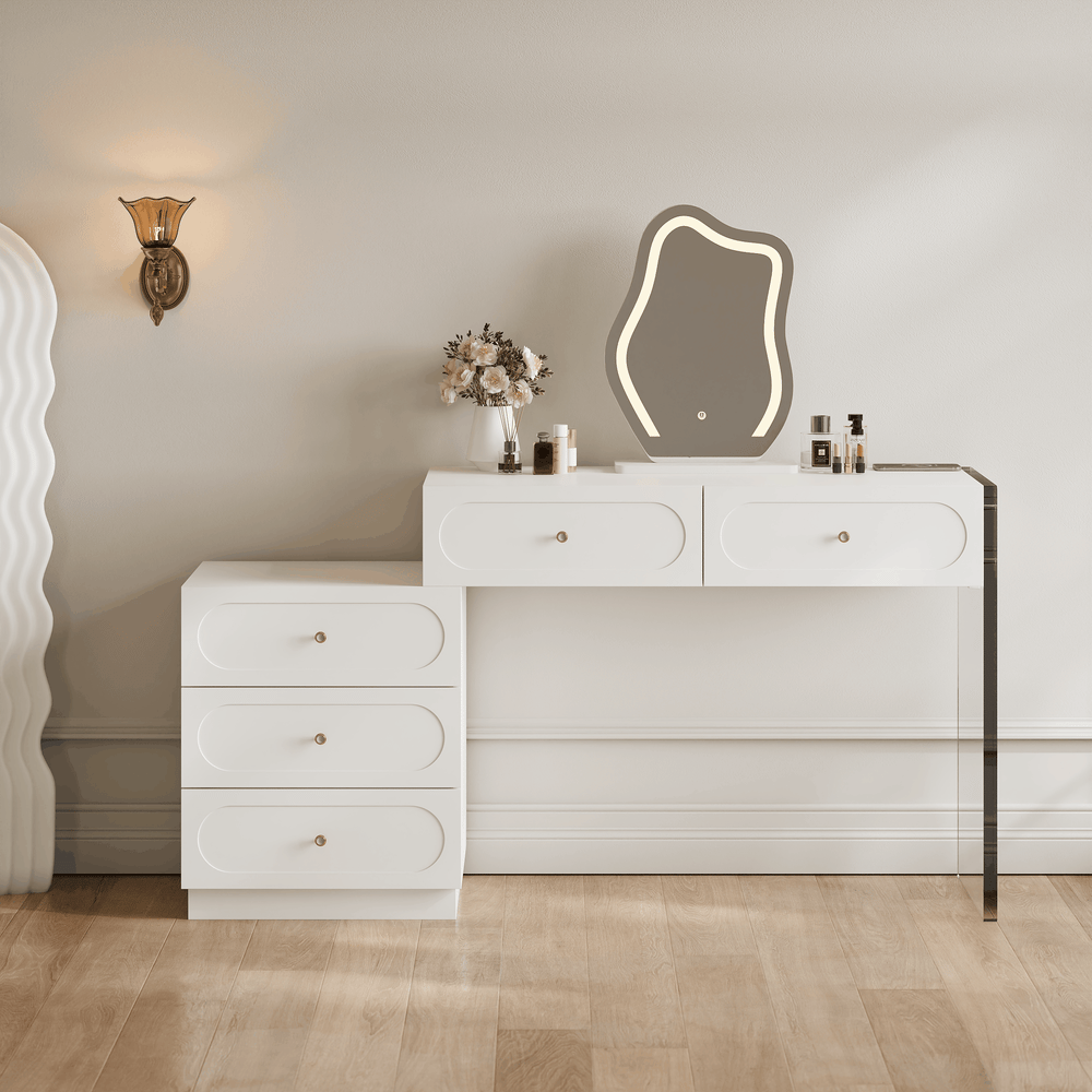 Biała toaletka do makijażu Krila z lustrem LED i stacją ładującą (40"–55") obraz okna