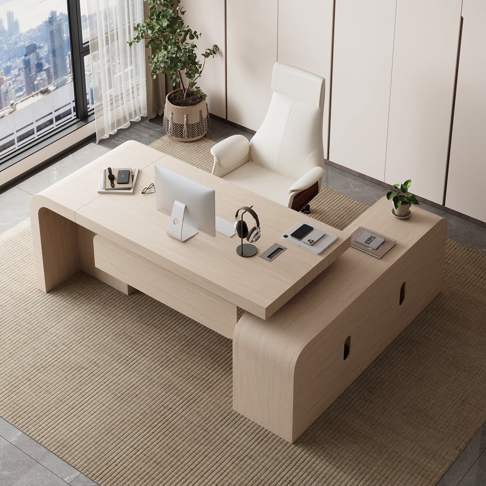 70.9" Whitewash L-shaped Executive Desk Left Hand & Reclining Leather Office Chair window image