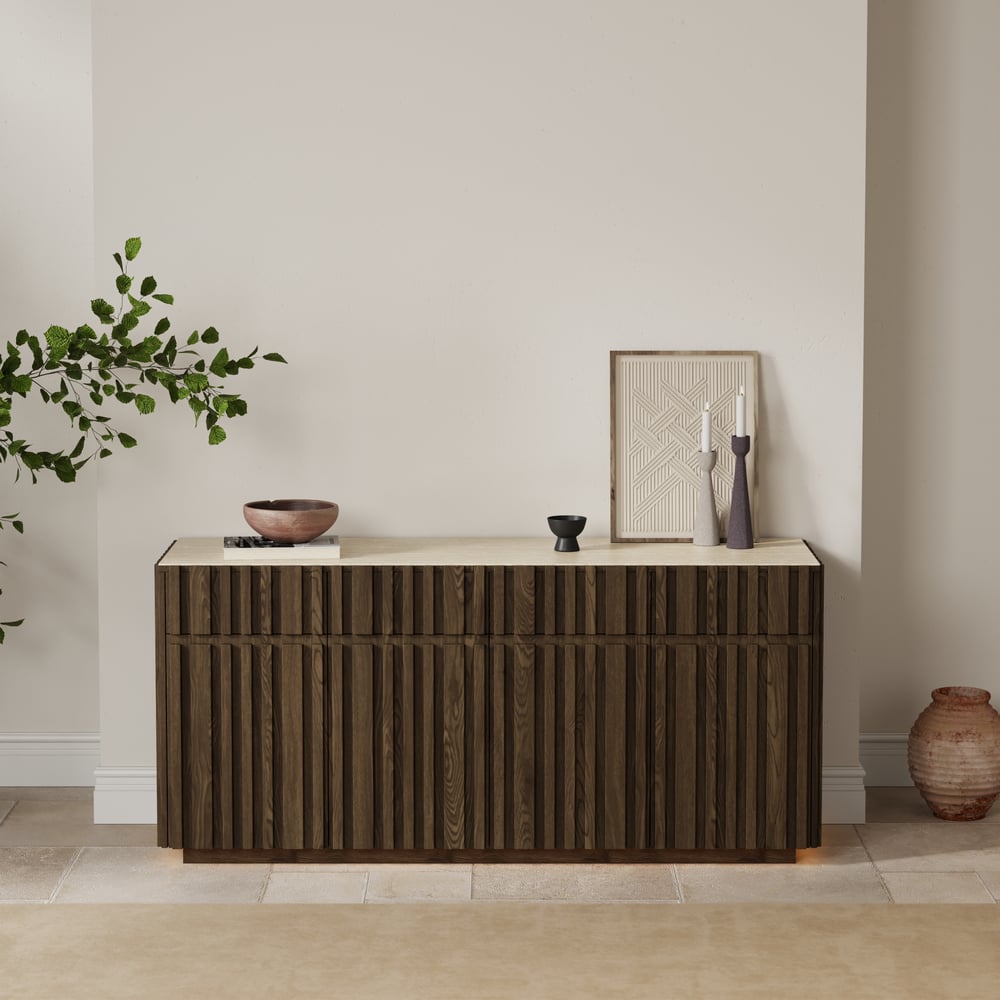 Aura 65" Ash Wood Slatted TV Stand with Sintered Stone Top window image