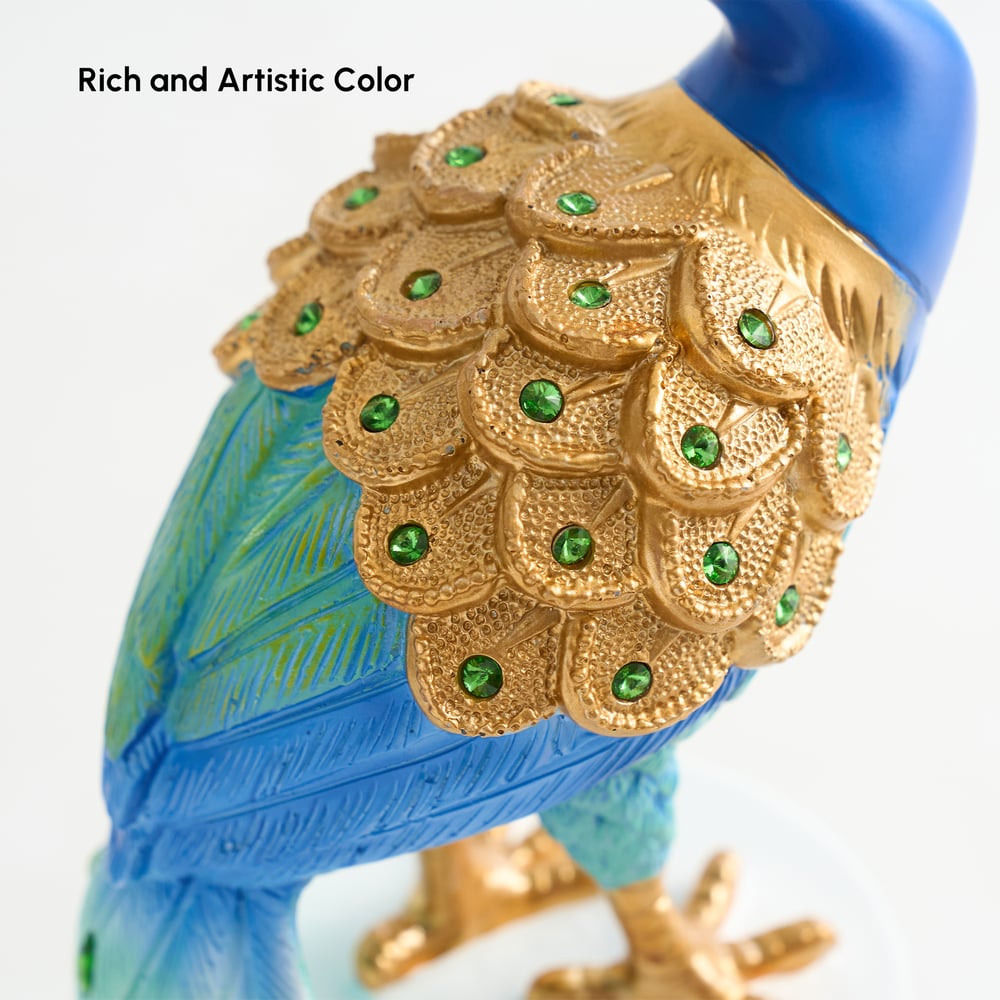 Estátua de Pavão de Resina de Luxo de 27" com Acentos de Cristal – Escultura Elegante para Decoração de Casa Imagem da janela