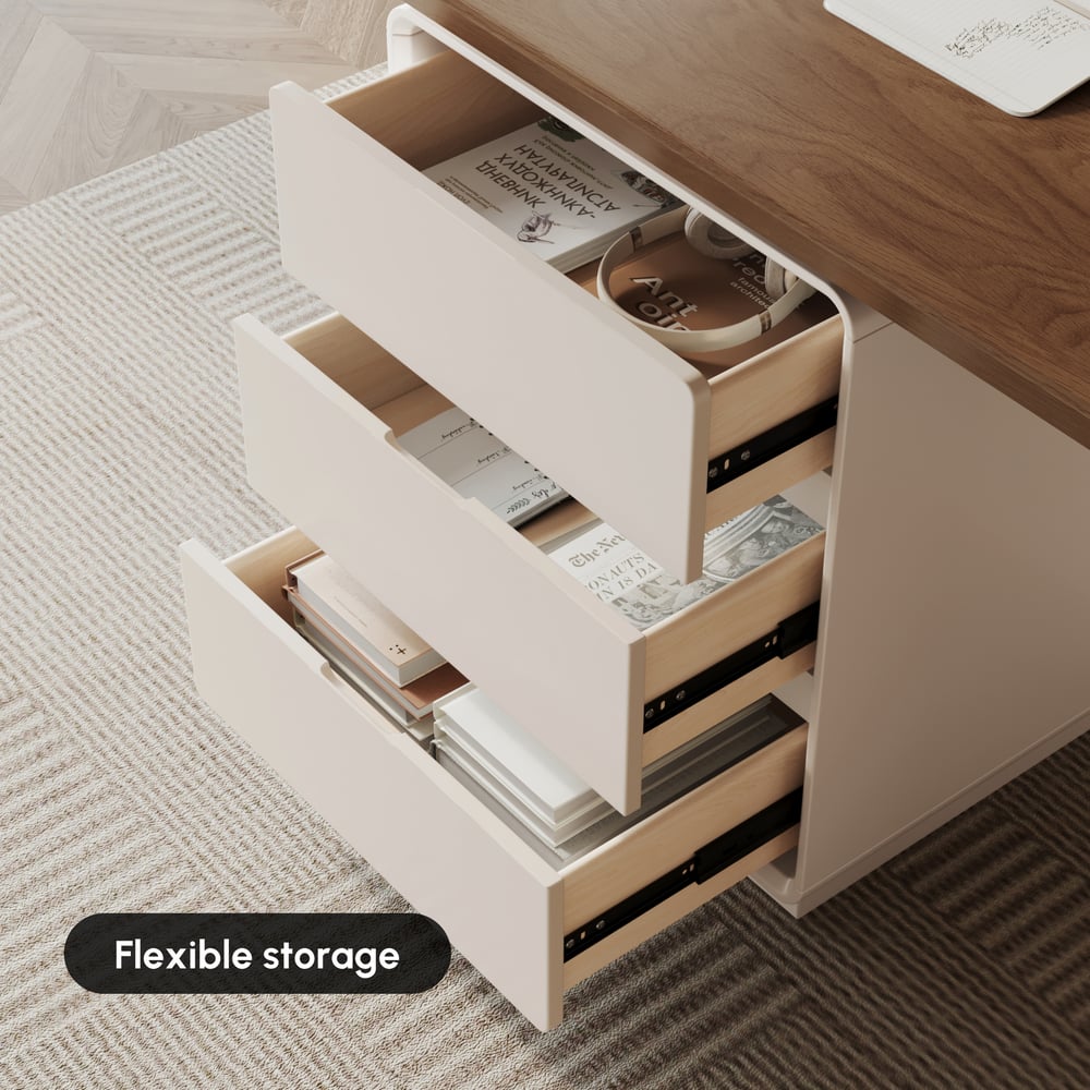 Modern 63” Rectangular Walnut Wood Desk with charging station & storage window image