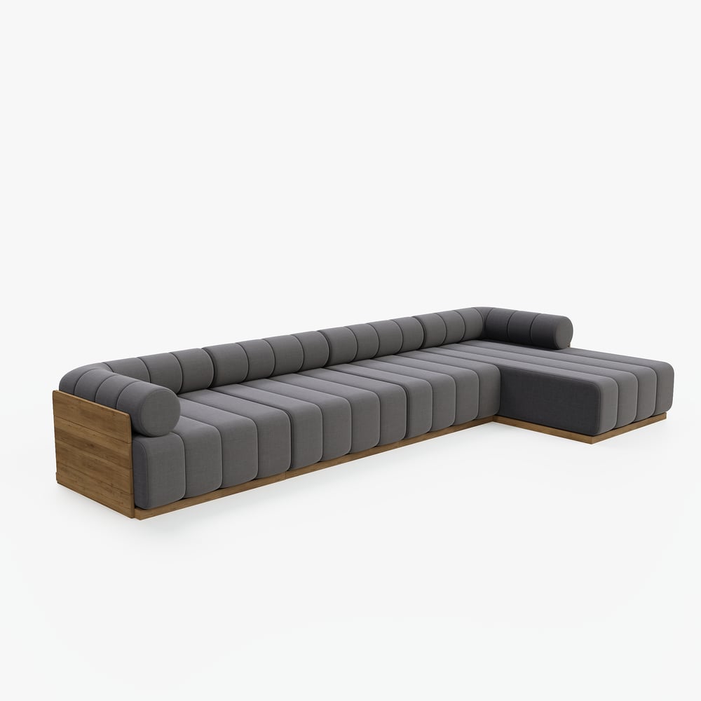 Resaro 4-delige modulaire buitenbankset van teakhout voor 5 personen in grijs Vensterafbeelding