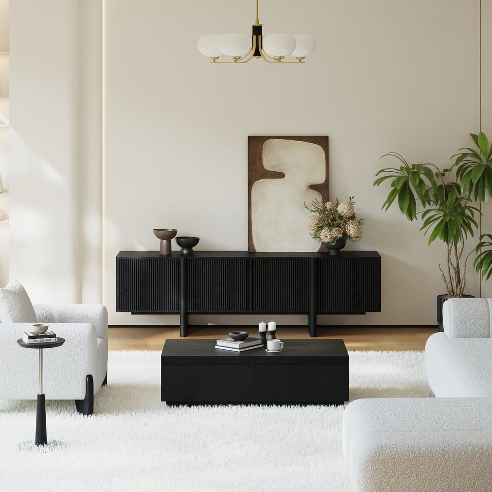 80" Solid Wood Fluted Black TV Stand with Cabinets window image