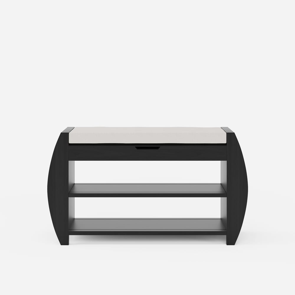 Banc d'entrée de rangement de chaussures noir en bois massif de 81 cm avec étagère à chaussures image de fenêtre