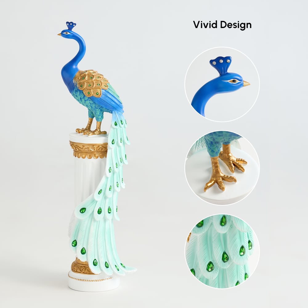 Estátua de Pavão de Resina de Luxo de 27" com Acentos de Cristal – Escultura Elegante para Decoração de Casa Imagem da janela