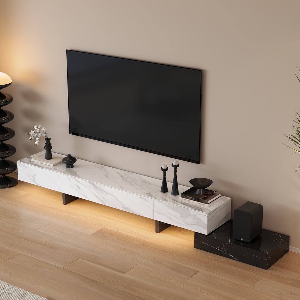 Meuble TV extensible de 87"-106" avec plateau en pierre frittée et 5 tiroirs image de fenêtre