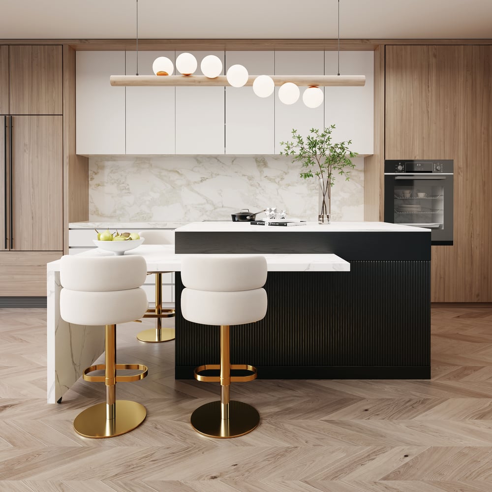 Isla de cocina de madera moderna extensible de 81''-112" con almacenamiento, blanco y negro Imagen de ventana
