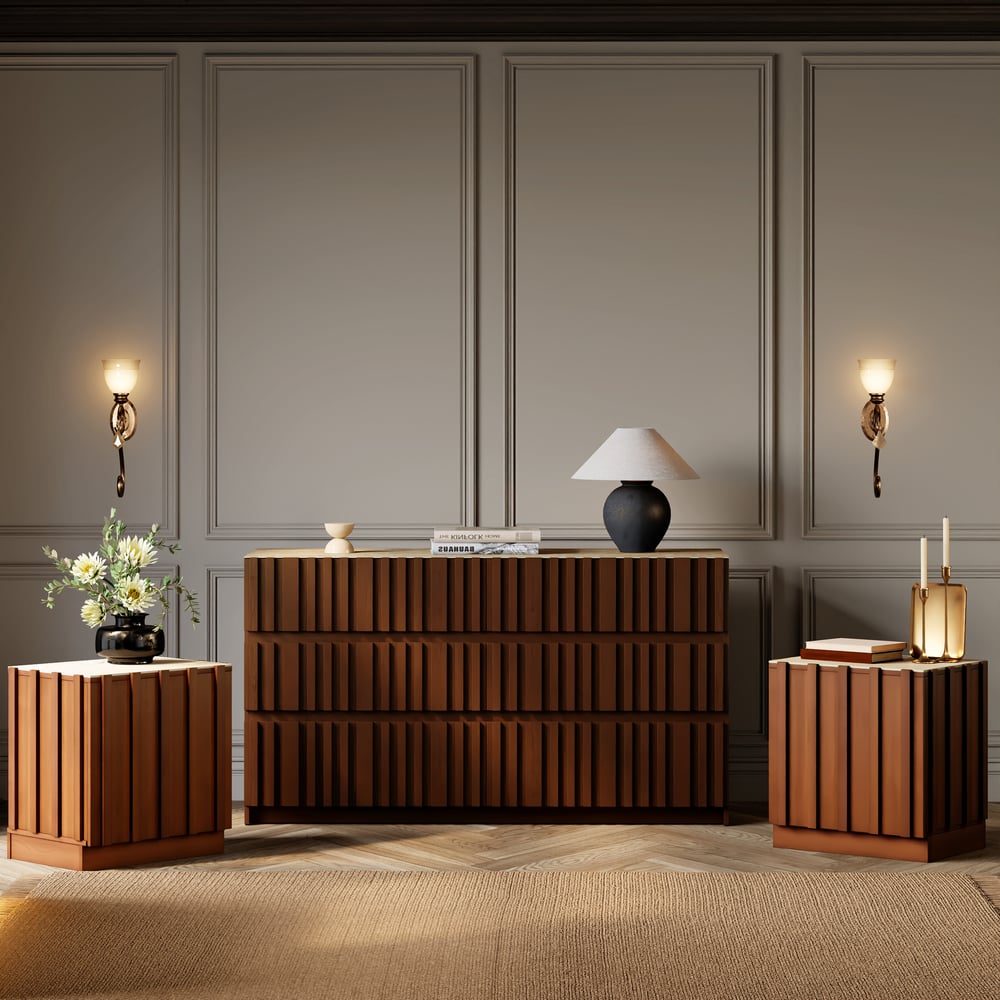 59" Walnut and Sintered Stone 6-Drawer Lighted Dresser window image