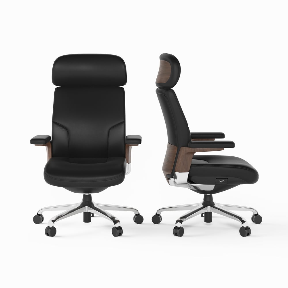 Black Genuine Leather Swivel Office Chair with Ergonomic Synchro-Tilt Recline System window image